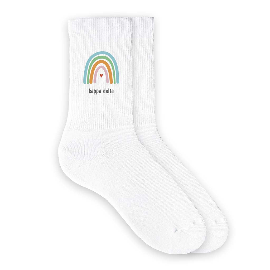 Custom Kappa Delta sorority crew socks digitally printed with rainbow design
