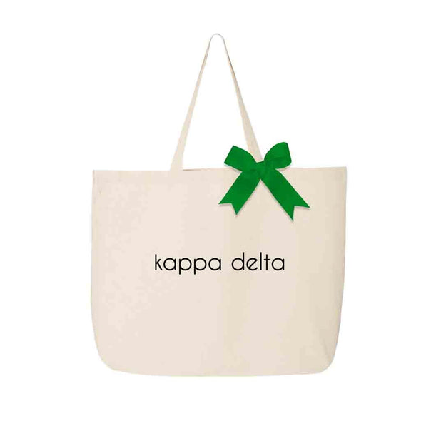 Kappa Delta sorority name custom printed on canvas tote bag with bow