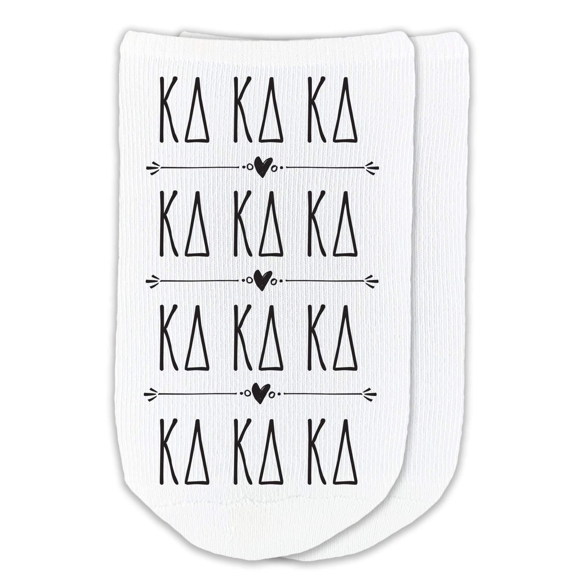 Kappa Delta sorority letters in repeat boho design custom printed on white no show socks