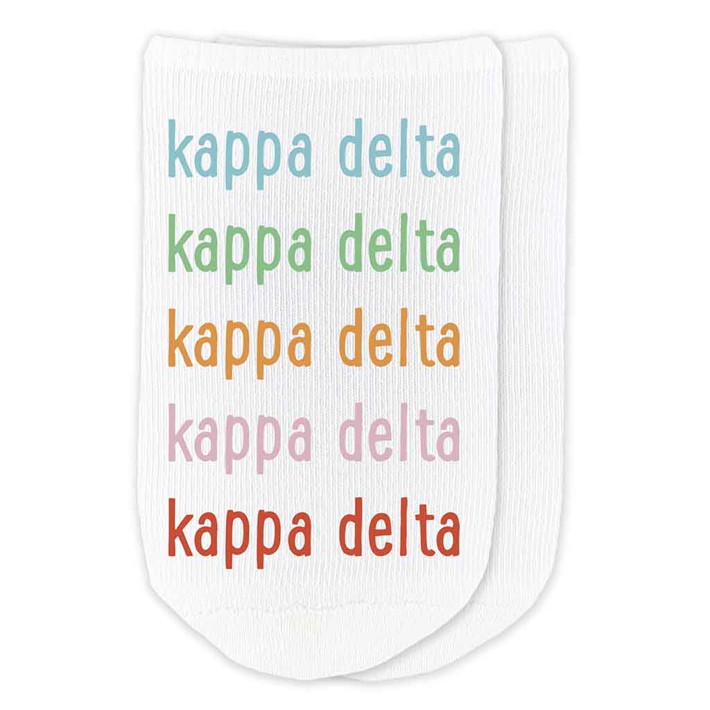 Kappa Delta sorority repeating rainbow letter design custom printed on cotton no show socks
