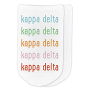 Kappa Delta sorority repeating rainbow letter design custom printed on cotton no show socks