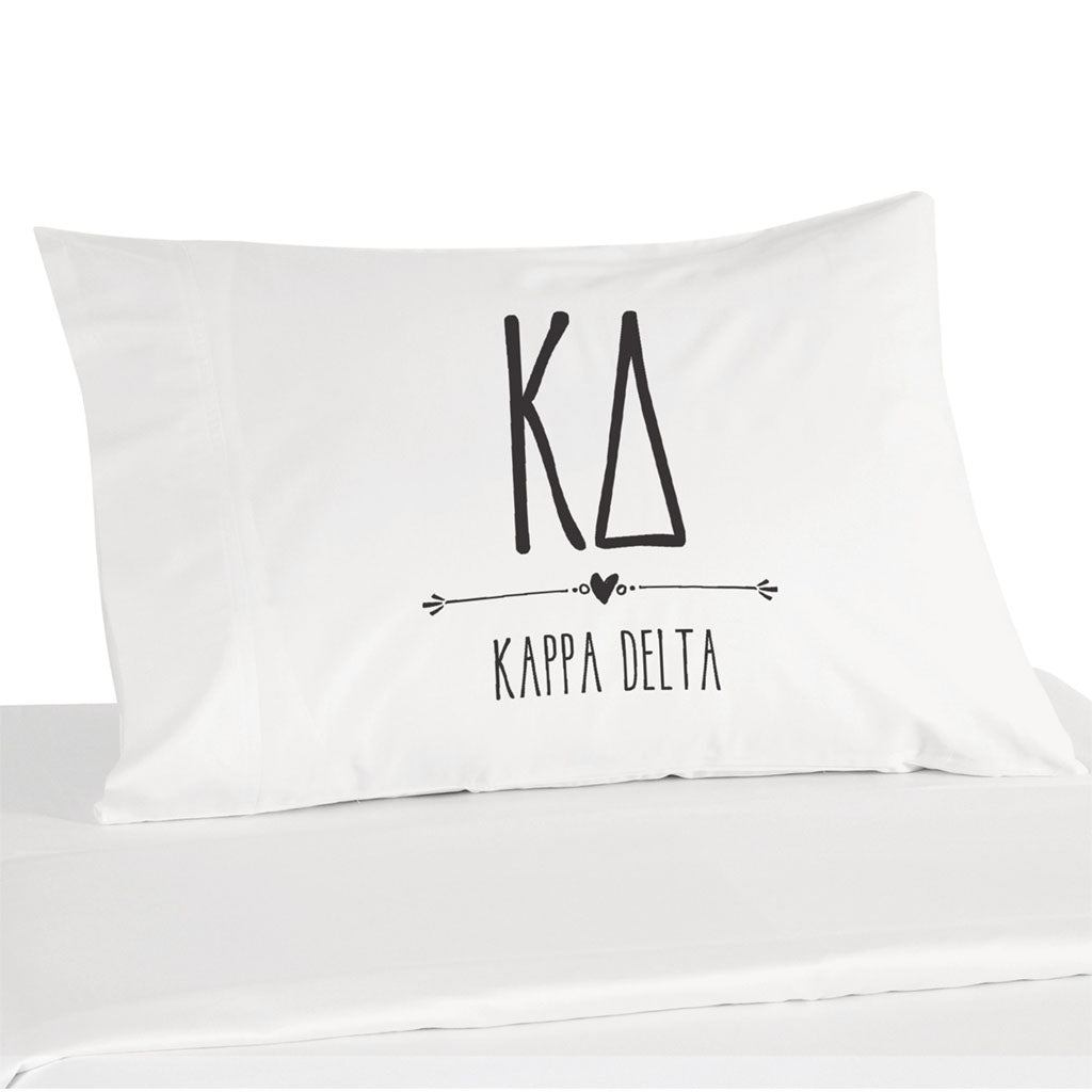 Kappa Delta sorority name and letters custom printed on white cotton pillowcase
