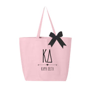 Kappa Delta sorority name and letters custom printed on pink canvas tote bag with black bow