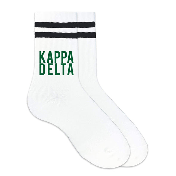 Kappa Delta sorority name in sorority colors custom printed on striped crew socks