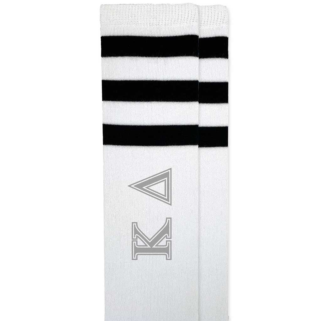 Kappa Delta sorority letters custom printed on cotton black striped knee high socks