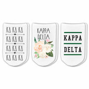 Kappa Delta sorority no show socks with sorority name, Greek letters and sorority floral design sold as a 3 pair gift set