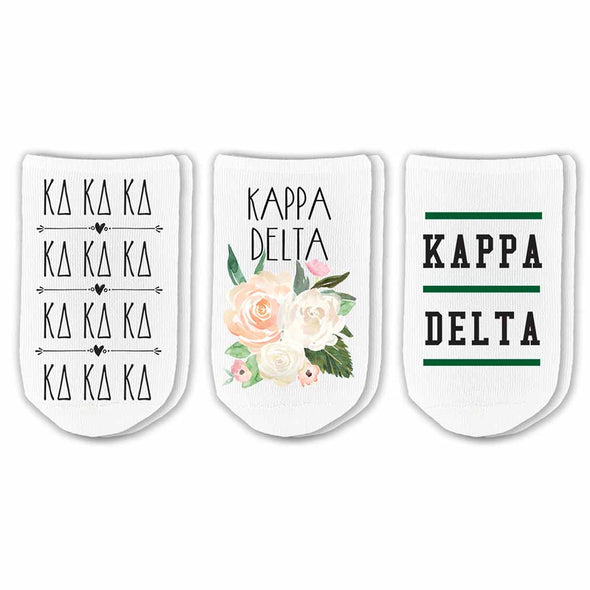 Kappa Delta sorority no show socks with sorority name, Greek letters and sorority floral design sold as a 3 pair gift set