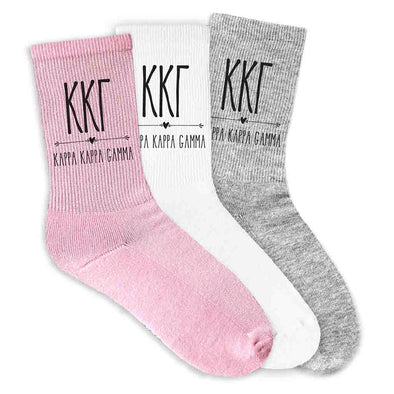 Kappa Kappa Gamma sorority letters and name digitally printed in black ink on crew socks.