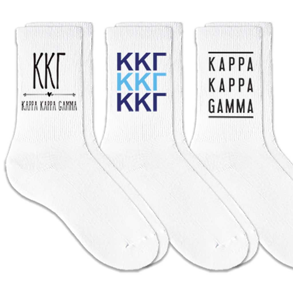 Kappa Kappa Gamma sorority crew socks with sorority name and Greek letters sold as a 3 pair gift set