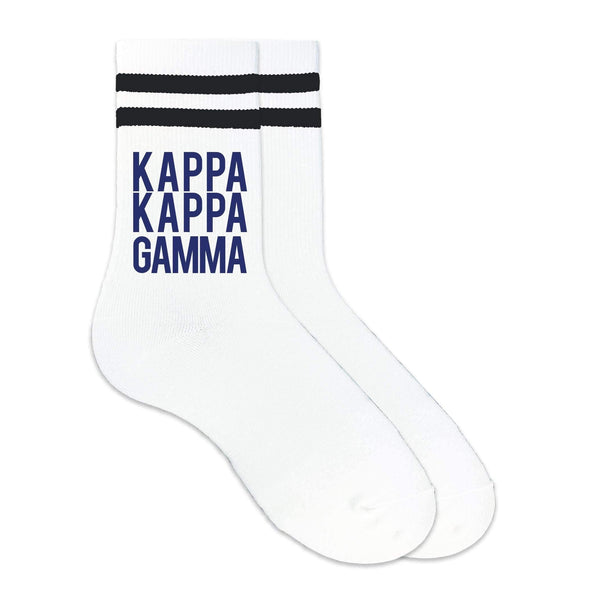 Kappa Kappa Gamma sorority name custom printed on black striped crew socks