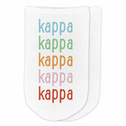Kappa Kappa Gamma sorority name in repeating rainbow letter design custom printed on cotton no show socks