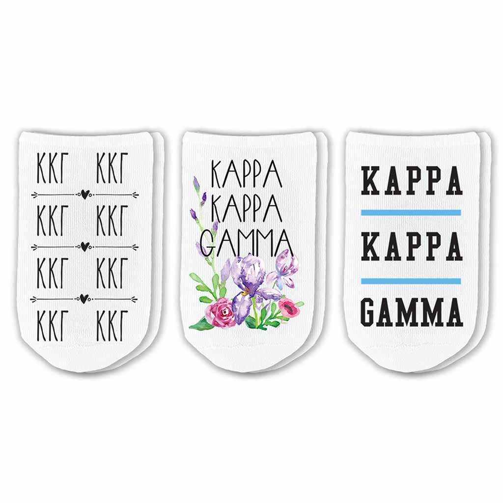 Kappa sorority no show socks with sorority name, Greek letters and sorority floral design sold as a 3 pair gift set