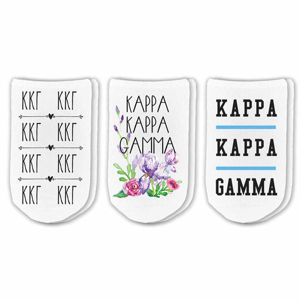 Kappa sorority no show socks with sorority name, Greek letters and sorority floral design sold as a 3 pair gift set