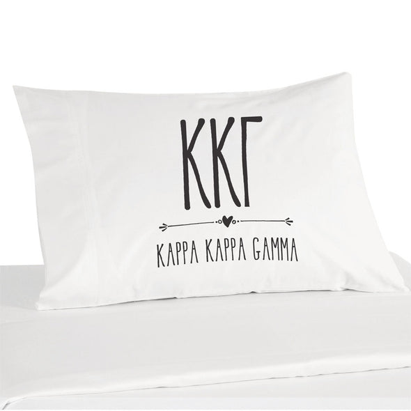 Kappa Kappa Gamma sorority name and letters custom printed on white cotton pillowcase