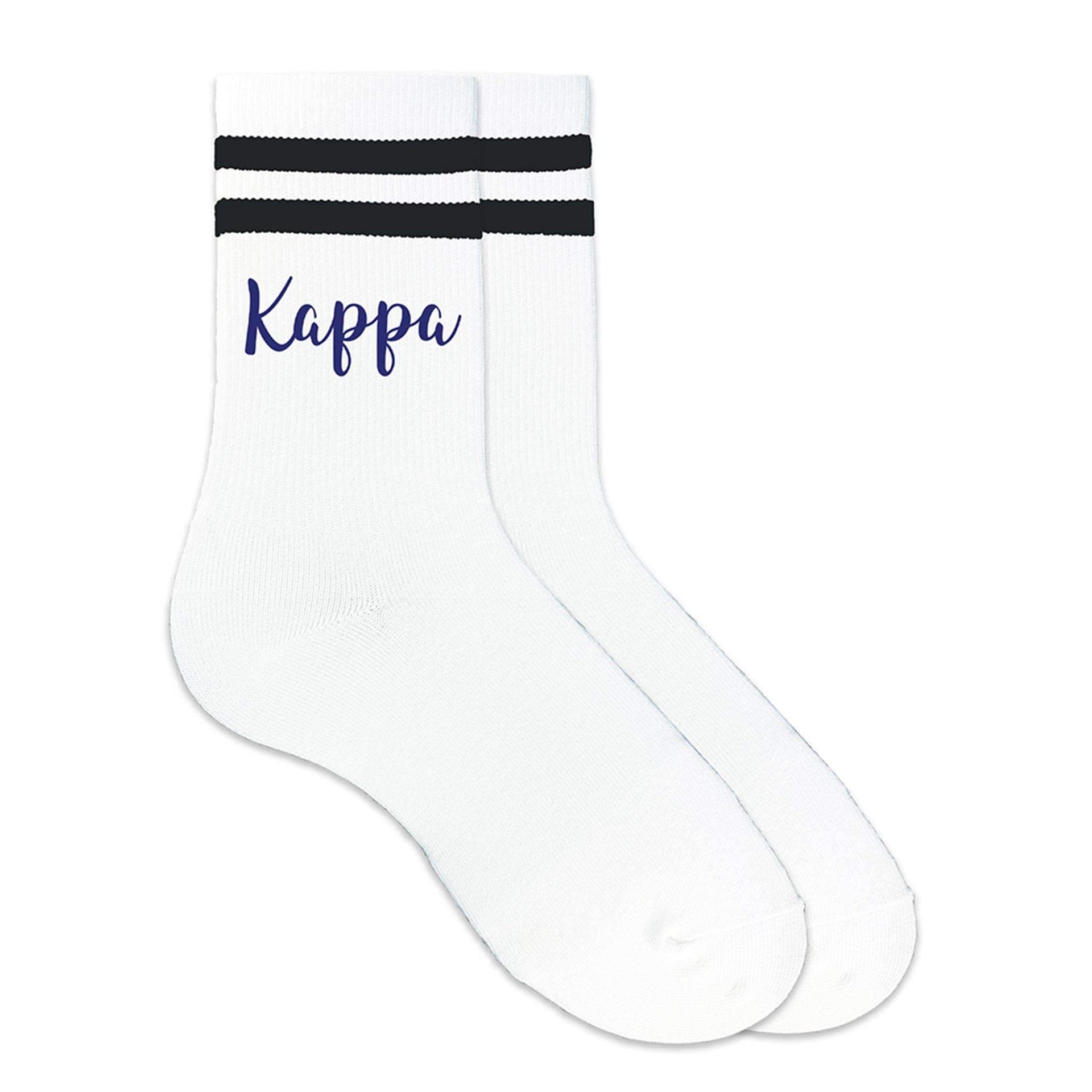 Kappa sorority nickname custom printed on black striped crew socks