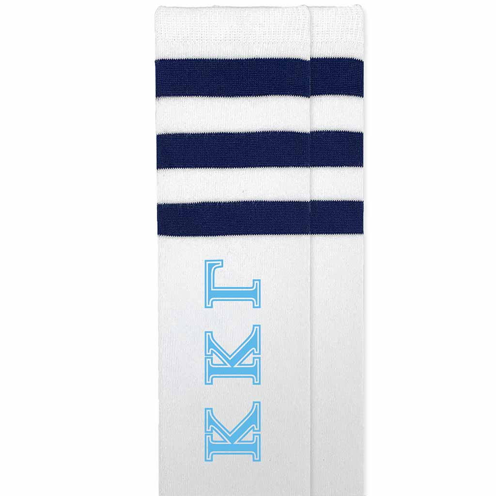 Kappa Kappa Gamma sorority letters custom printed on cotton navy striped knee high socks