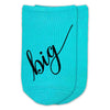 Big Little Sorority script writing custom printed on no show cotton socks available in five colors, turquoise, purple, fuchsia, white, or heather gray