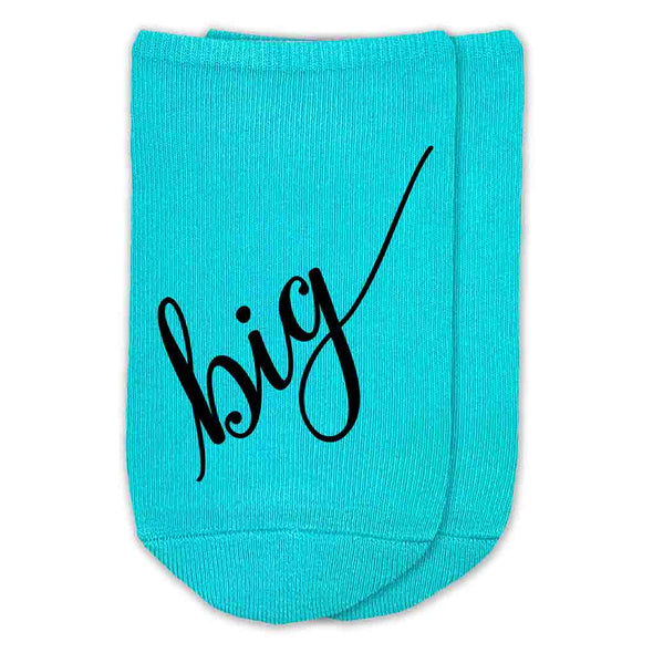 Big Little Sorority script writing custom printed on no show cotton socks available in five colors, turquoise, purple, fuchsia, white, or heather gray
