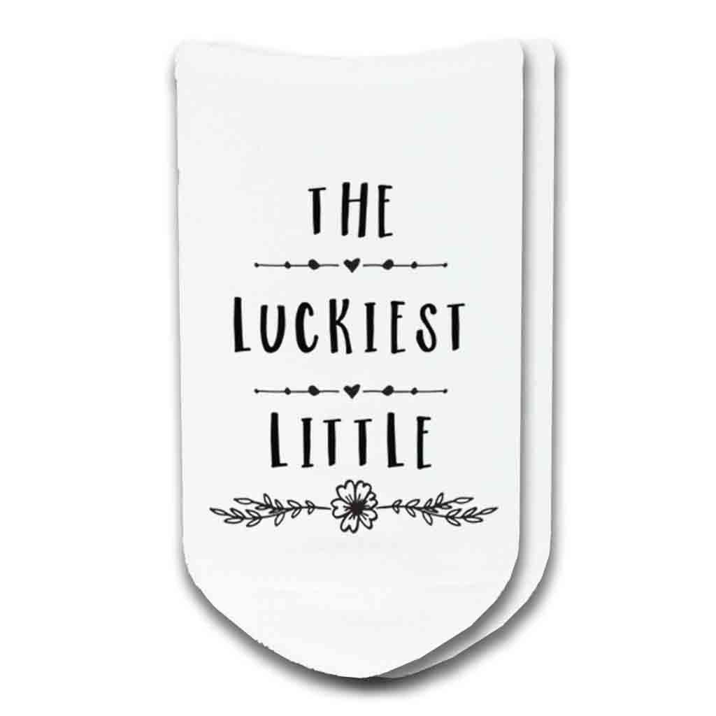 The luckiest little design custom printed on no show socks.