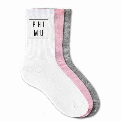 Phi Mu sorority name custom printed on cotton crew socks available in white, pink, or heather gray