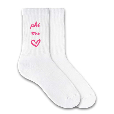 Phi Mu sorority name and heart design custom printed on white cotton crew socks