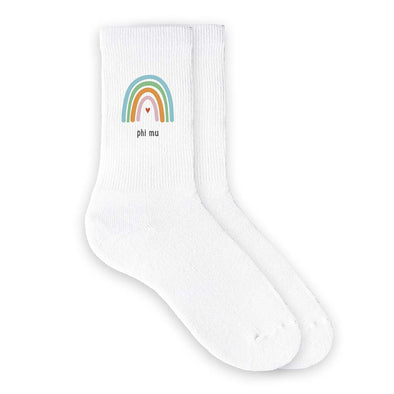 Cute Phi Mu sorority crew socks digitally printed with rainbow design