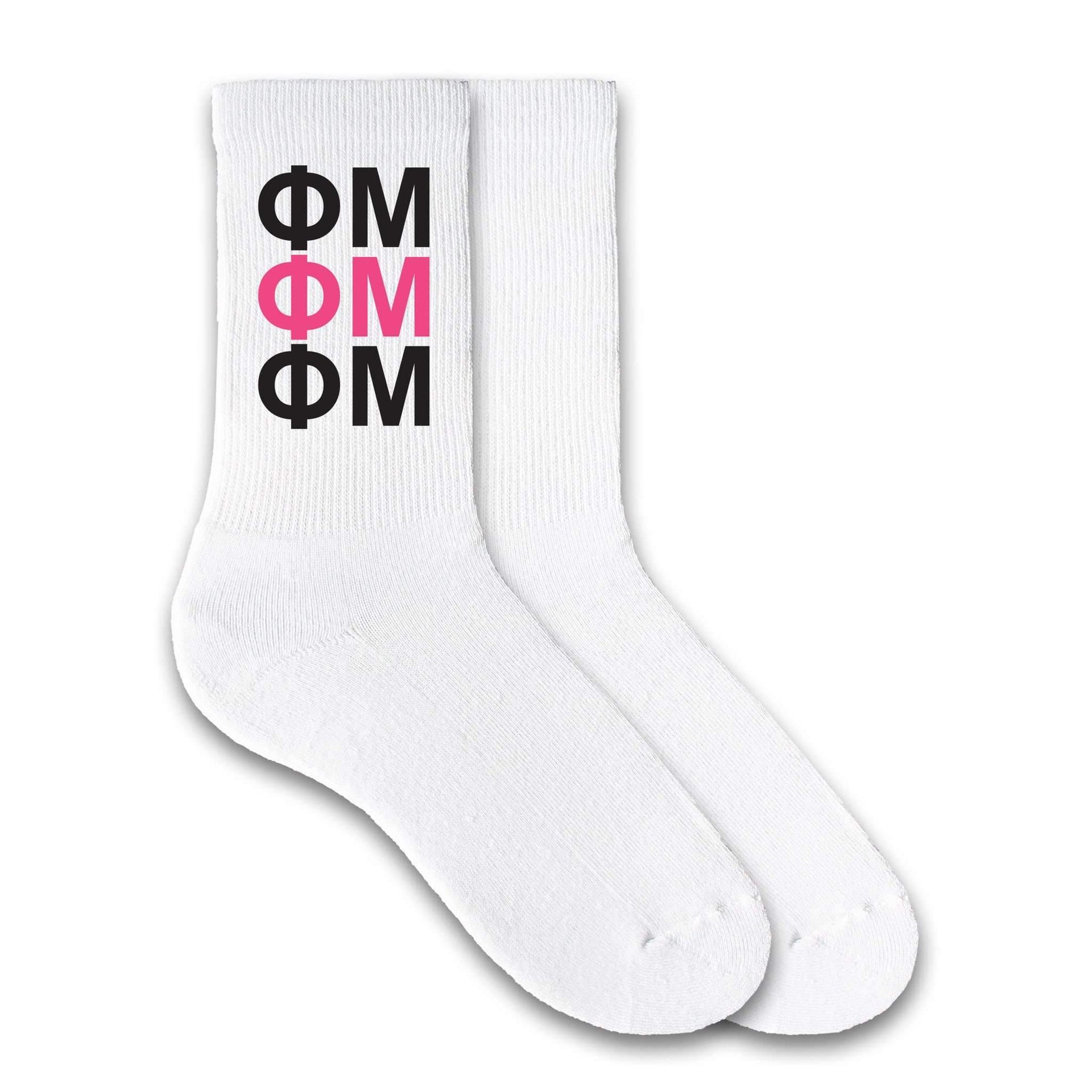 Phi Mu repeating sorority letters custom printed on white cotton crew socks