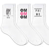 Phi Mu sorority crew socks with sorority name and Greek letters sold as a 3 pair gift set