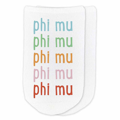 Phi Mu repeating rainbow letter design custom printed on cotton no show socks