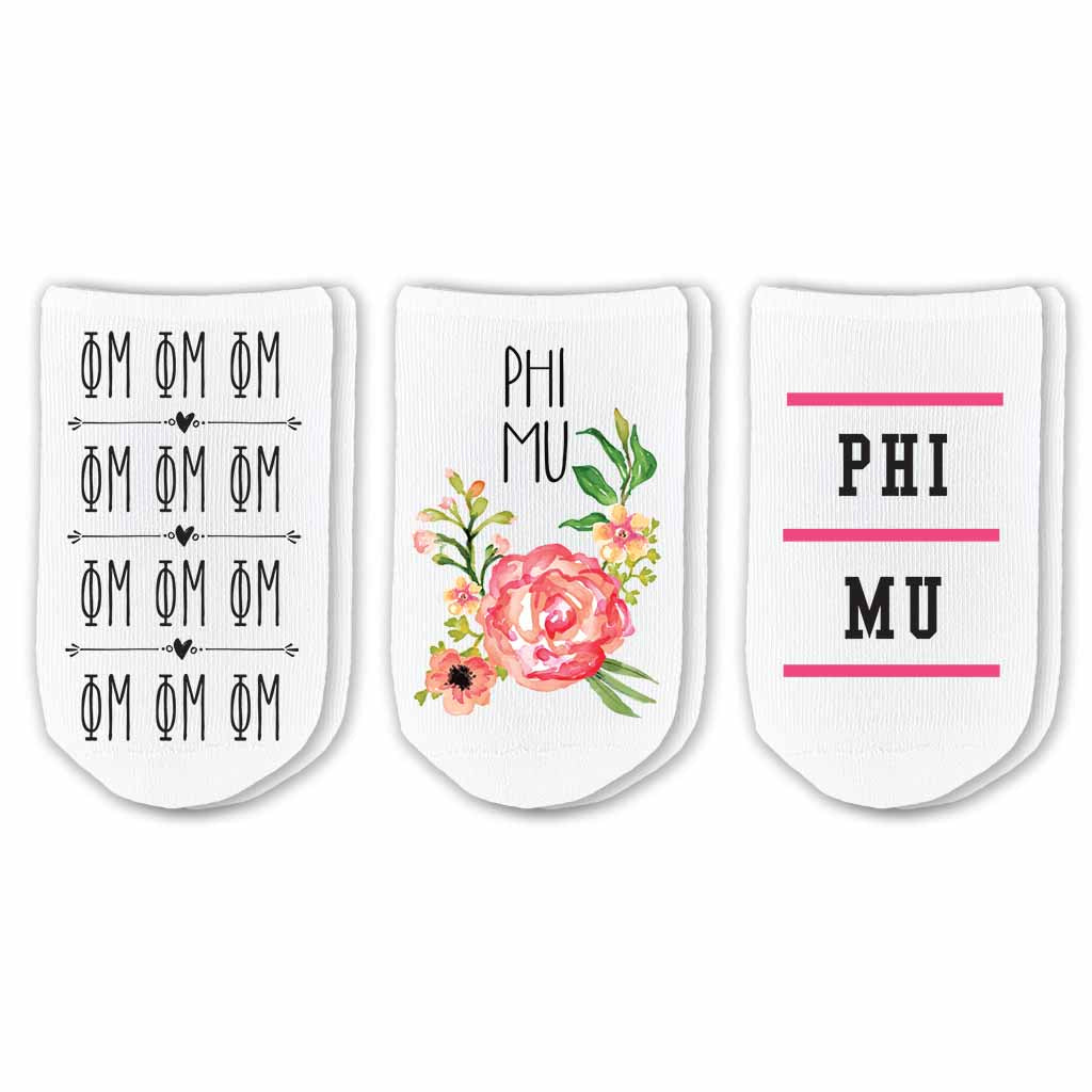 Phi Mu sorority letters and name custom printed on white cotton no show socks sold in a 3-pair set 