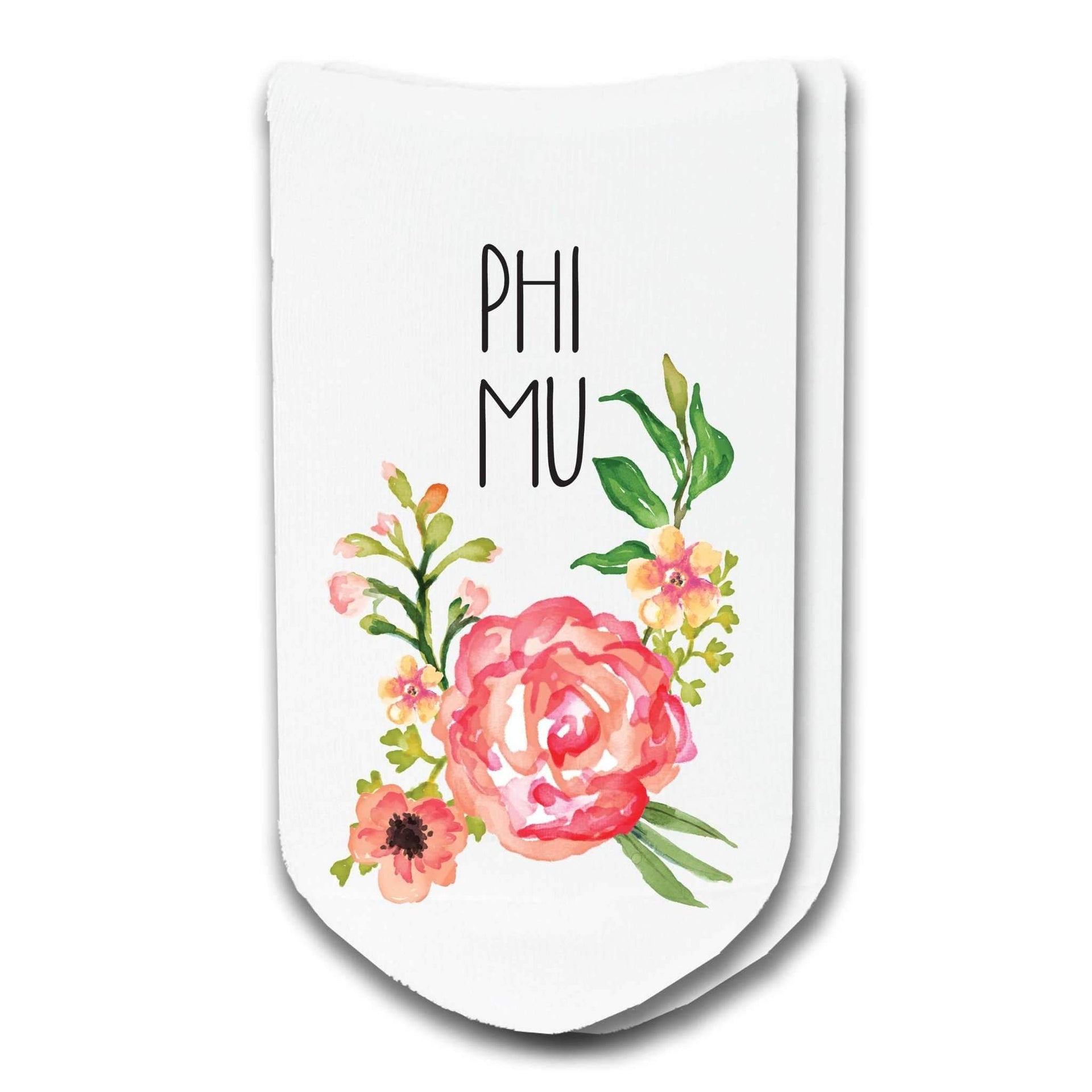 Phi Mu sorority name watercolor floral design custom printed on white cotton no show socks