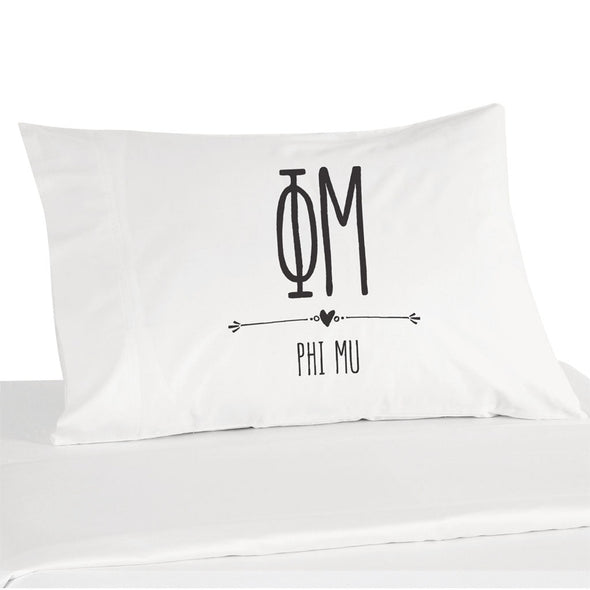 Phi Mu sorority name and letters custom printed on white cotton pillowcase