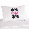Phi Mu sorority letters custom printed in sorority colors on pillowcase