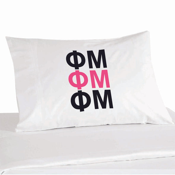 Phi Mu sorority letters custom printed in sorority colors on pillowcase