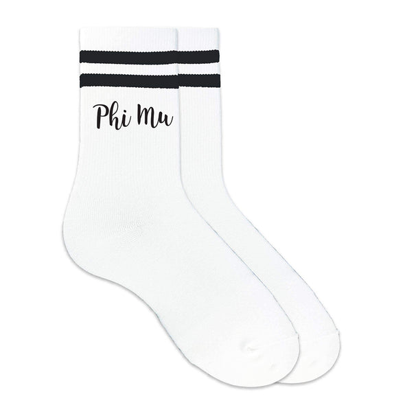 Phi Mu sorority name custom printed on striped crew socks