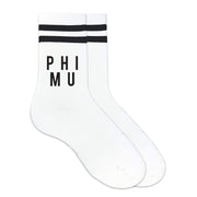 Phi Mu sorority name custom printed on black striped crew socks