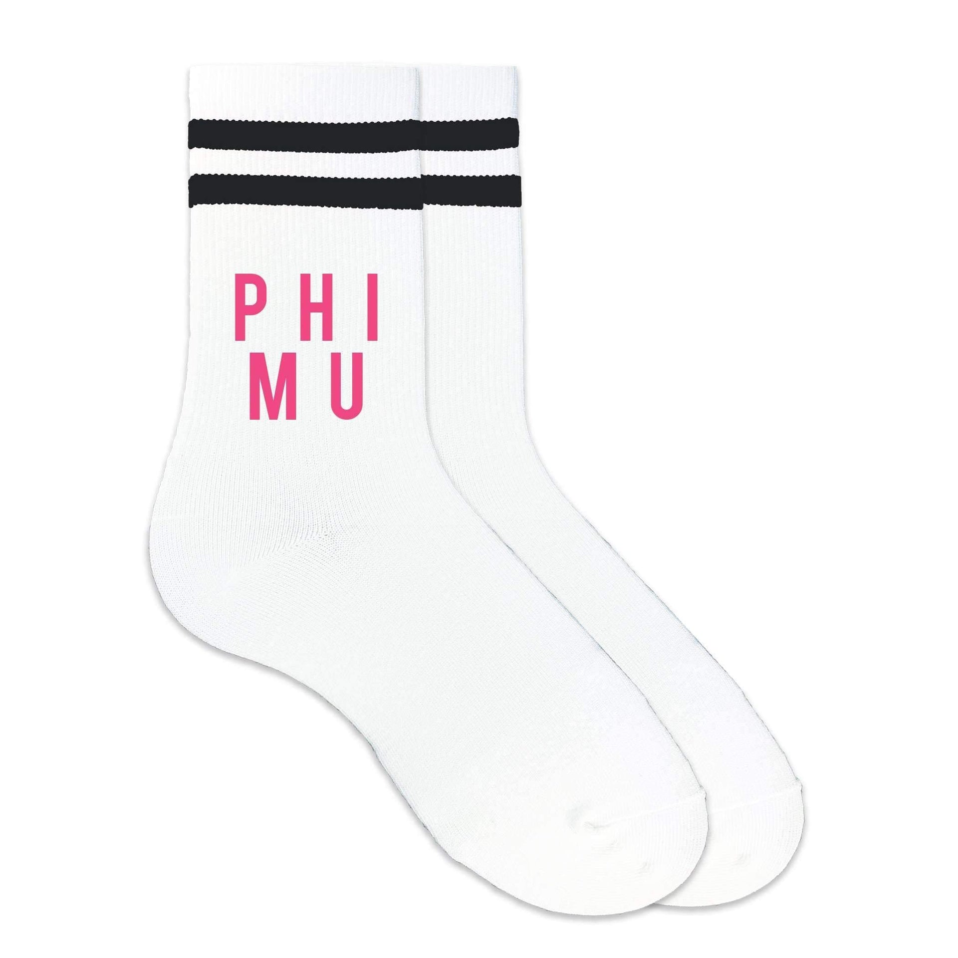 Phi Mu sorority name custom printed in sorority colors on black striped crew socks