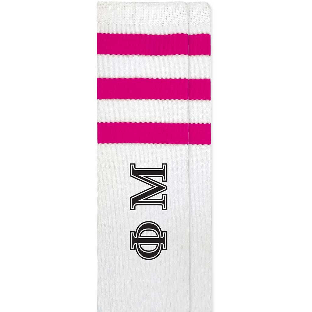 Phi Mu sorority letters custom printed on cotton fuchsia striped knee high socks