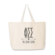 Phi Sigma Sigma sorority name and letters boho style design digitally printed on canvas tote bag.