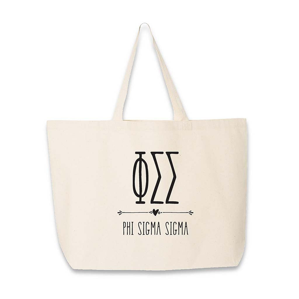 Phi Sigma Sigma sorority name and letters boho style design digitally printed on canvas tote bag.