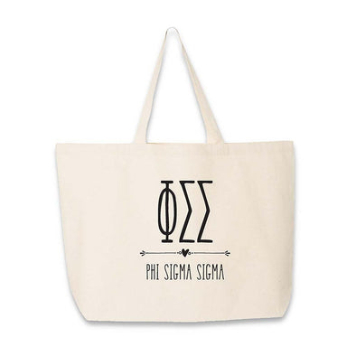 Phi Sigma Sigma sorority name and letters boho style design digitally printed on canvas tote bag.