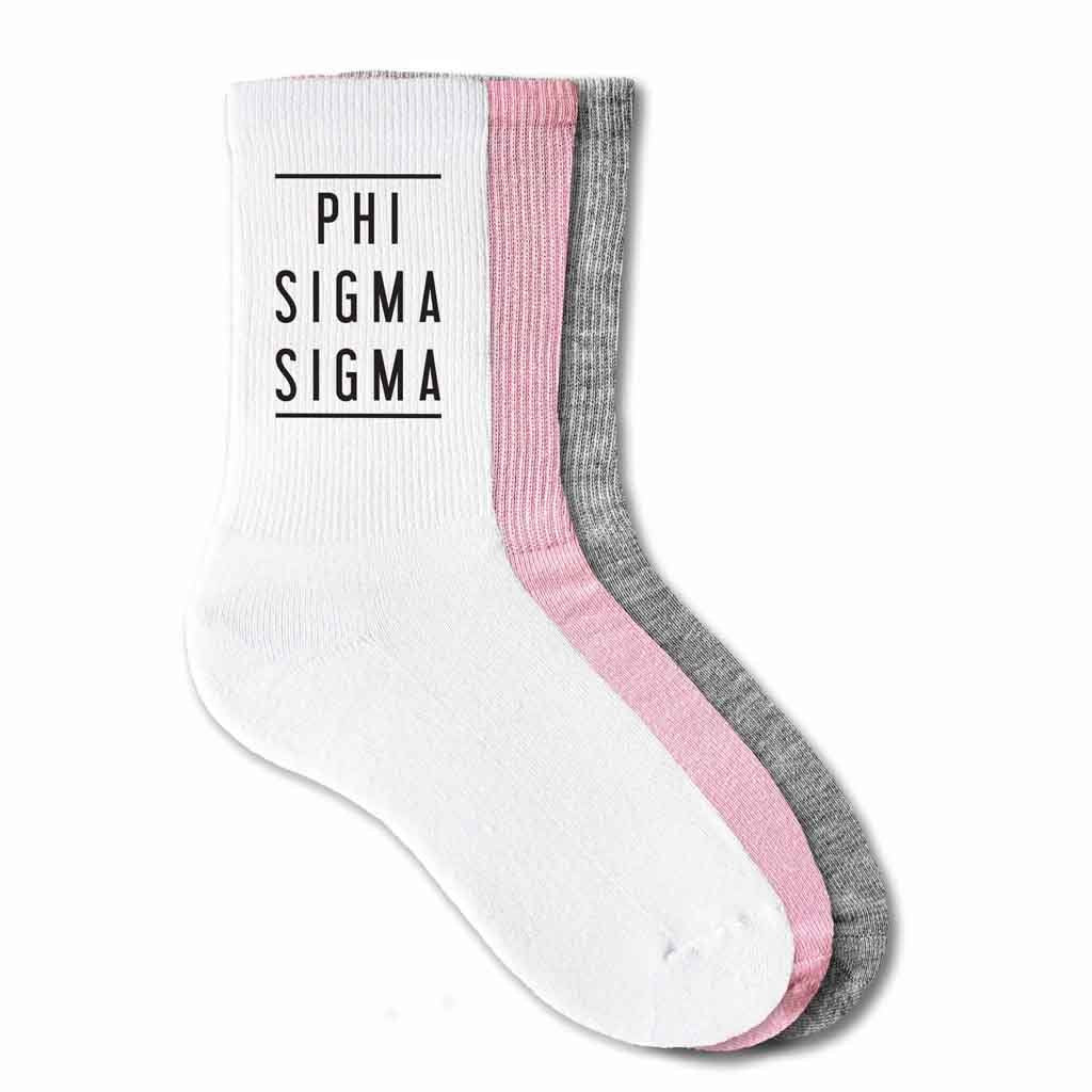 Phi Sigma Sigma sorority crew socks with sorority name printed on the socks