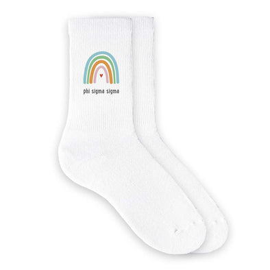 Phi Sigma Sigma custom printed sorority crew socks with rainbow design