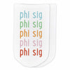 Phi Sigma Sigma sorority name in repeating rainbow letters custom printed on no show socks