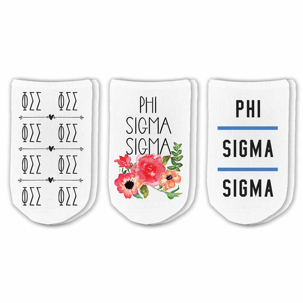 Phi Sigma Sigma no show socks with sorority name, Greek letters and sorority floral design sold as a 3 pair gift set