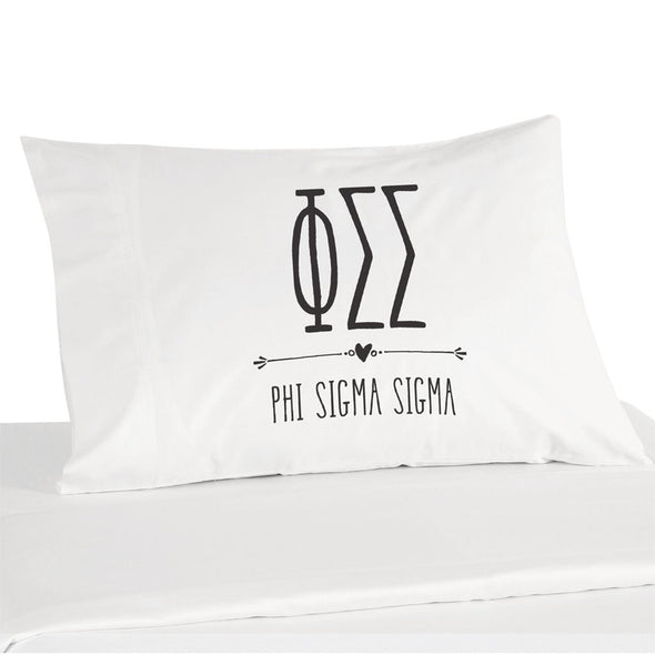 Phi Sigma Sigma sorority name and letters custom printed on white cotton pillowcase
