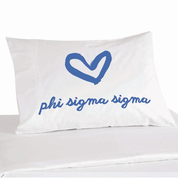 Phi Sigma Sigma sorority name with heart design custom printed on pillowcase