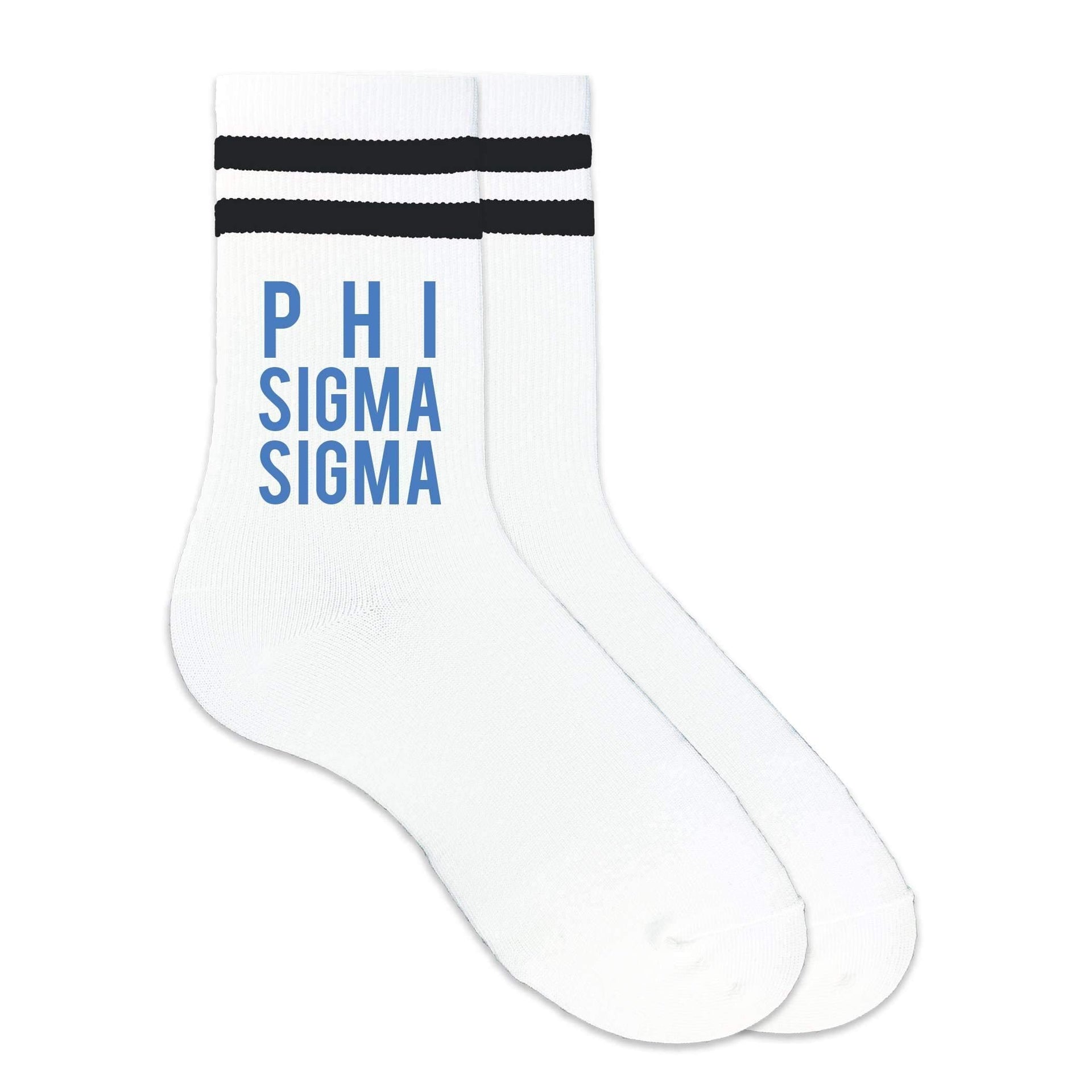 Phi Sigma Sigma sorority name custom printed on black striped crew socks