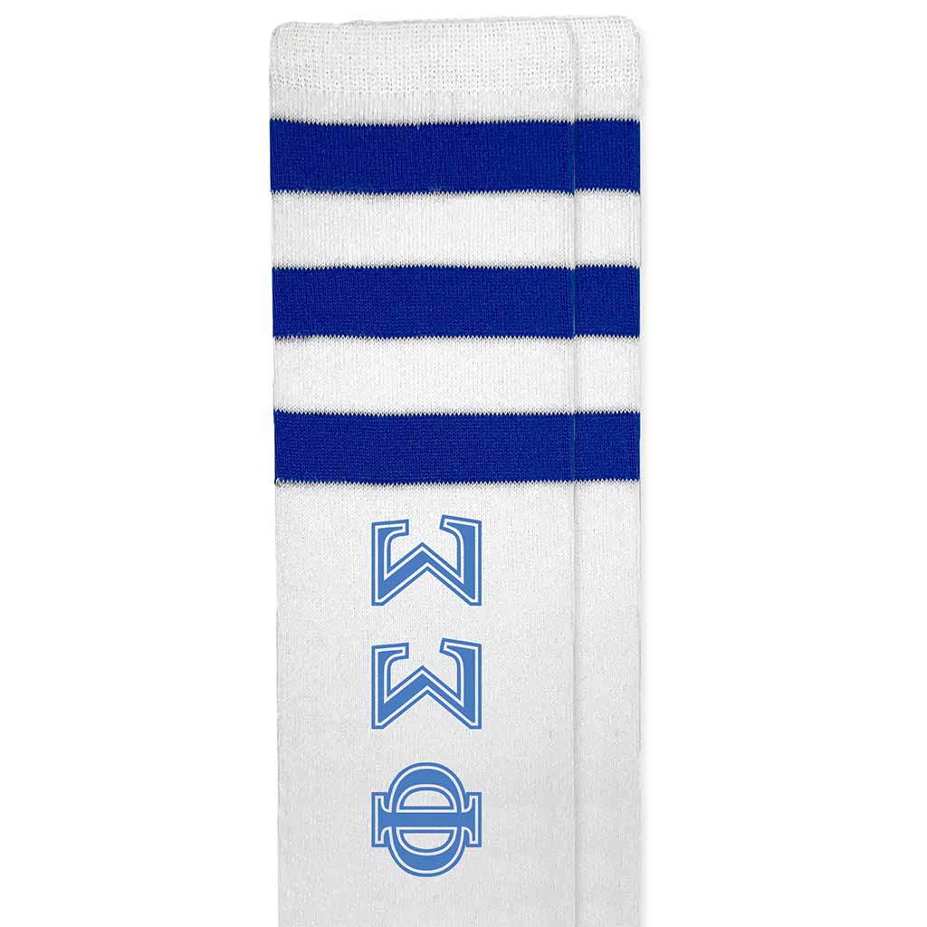 Phi Sigma Sigma sorority letters custom printed on royal blue striped knee high socks