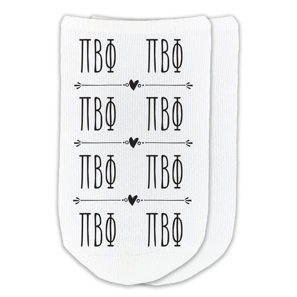 Pi Beta Phi sorority letters in repeating boho design custom printed on white cotton no show socks